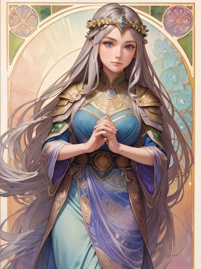 ((hight resolution、top-quality、super detailing、best picture、watercolor paiting、thick outlines、mats、by mucha))、flowing lines、elvish、1 girl, 28 year old、skiny、cin、stright long hair、Beautiful silver hair、blue eyess、half up、Hair swaying in the wind、luxury circlet、de pele branca、Hanshin seen from the front、is standing、green stunning queen dress、s Armor、鎖骨、Geometric pattern、(florals)、Hand down、Soft Air、Serious face、Detailed hand depiction