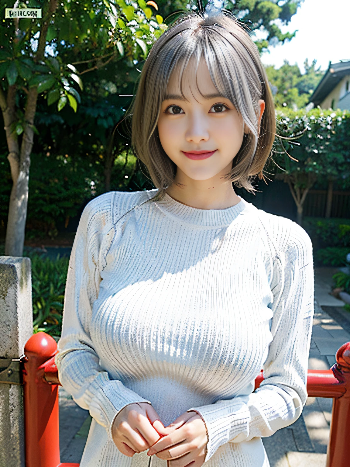 (realisitic, Photorealsitic:1.5), (top-quality:1.5), (超A high resolution:1.5), (masterpiece), hyper realisitic, Bright lighting from front:1.8, (japanes), (1a person:1.5), (30-years old), (White tight sweater:1.5), (A big smile), (Double eyes), (Sauce order:1.5), (Thin makeup), (short-hair:1.5), (Straight hair), (Silvery hair), (Large breasts:1.5)