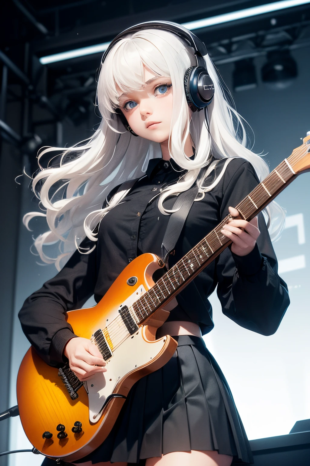 ((masterpiece,best quality))1girl, solo, black skirt, soft blue eyes, electric guitar, guitar, headphones, holding, holding plectrum, instrument, long hair, , music, one side up, white hair, hair texture is 2c and 3a,hair is wavy and curly,playing guiter, pleated skirt, black shirt, indoors