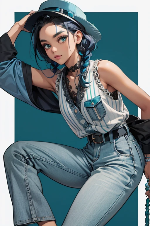 Indigo has dark skin and black hair styled into cornrows with indigo and white dyed streaks. Her head leans slightly upward and her hair is held by teal beads. She lacks eyebrows and has an indigo-colored eyeshadow instead. She wears a dark grey, white-trimmed baseball jersey and a sleeveless deep teal undershirt. She also wears indigo pants equipped with an envelope-shaped pocket and a silver riveted belt. She wears gray sneakers with indigo fronts and teal laces. Atop her head is a black flat fedora with white lace.