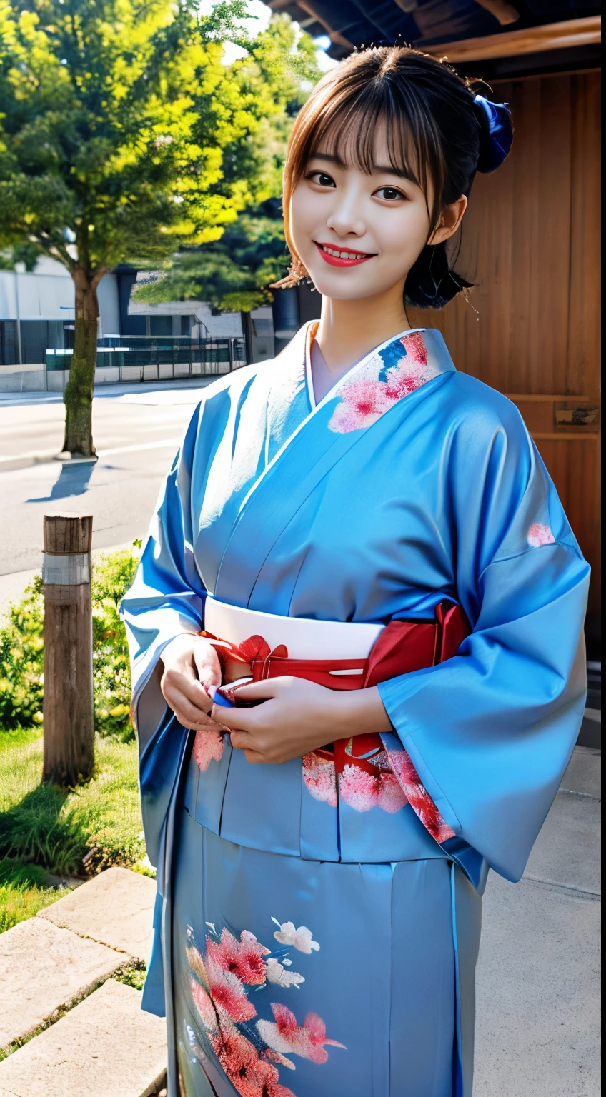 (Light blue and red kimono:1.2)、(Kyo-Yuzen:1.2)、(with floral pattern)、(long-sleeve)、(Furisode:1.2)、1人の女性、、full body Esbian、A dark-haired、(reallistic:1.7)、((Top image quality))、absurderes、(超A high resolution)、(Photorealsitic:1.6)、Photorealsitic、octane renderings、(hyper realisitic:1.2)、(photorealiscic face:1.2)、(8K)、(4K)、(masterpiece)、(realistic skin textures)、(illustratio、Cinematographic lighting、wall-paper)、(beautidful eyes:1.2)、((((face perfect))))、(Cute face like an idol:1.2)、(is standing)、red-lips、outside of house、(1 moon)、(initial)、Detailed cute face、Realistic Beauty、A smile、