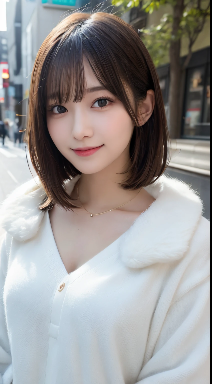 masutepiece, Best Quality, Illustration, Ultra-detailed, finely detail, hight resolution, 8K Wallpaper, Perfect dynamic composition, Beautiful detailed eyes, Women's fashion fluffy winter clothes,Bob Hair,mid-chest, Natural Color Lip, Bold sexy poses,Smile,Harajuku、20 years girl、Cute、Sexy shot looking at camera,Raw photo