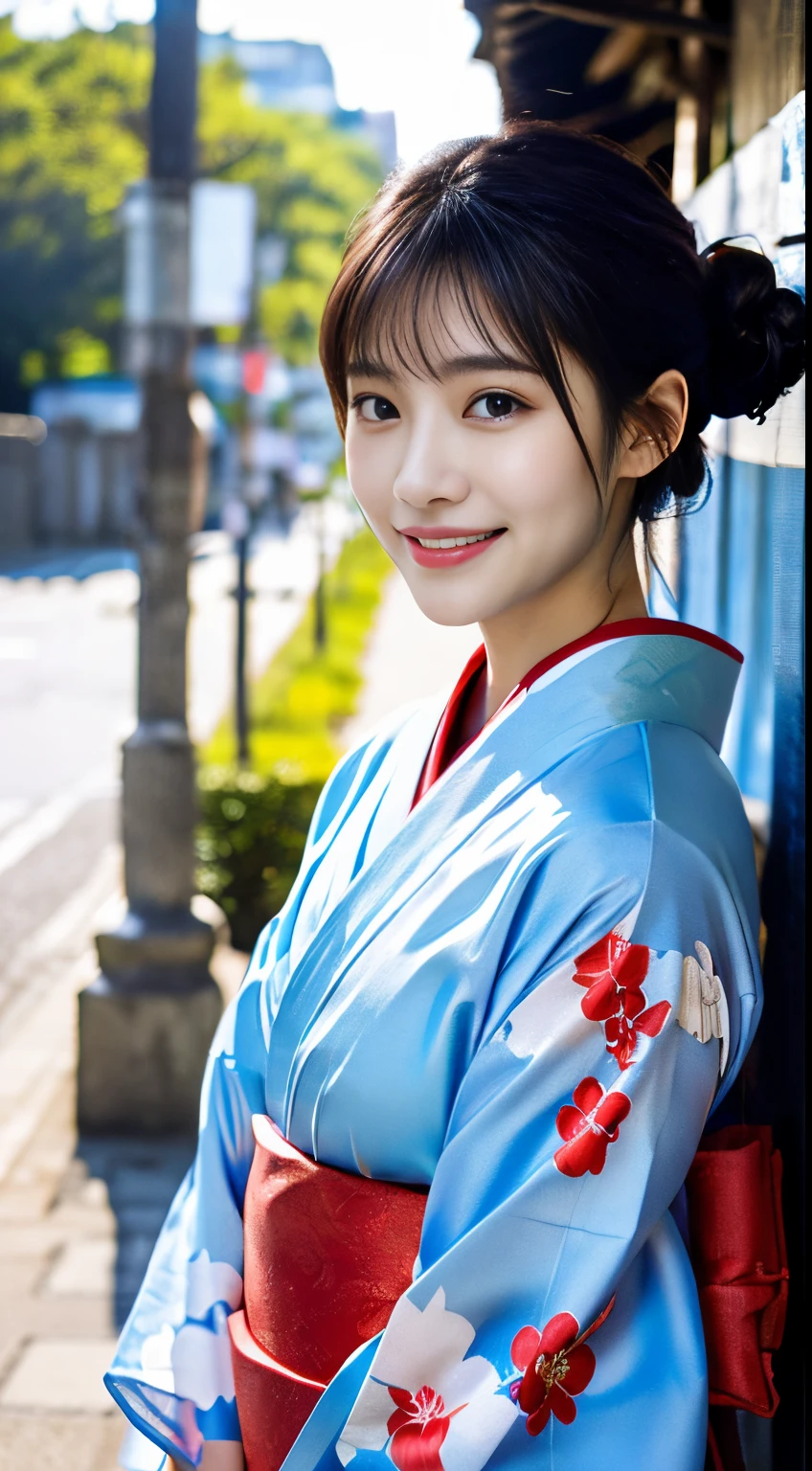 (Light blue and red kimono:1.2)、(Kyo-Yuzen:1.2)、(with floral pattern)、(long-sleeve)、(Furisode:1.2)、1人の女性、sixteen years old、full body Esbian、A dark-haired、(reallistic:1.7)、((Top image quality))、absurderes、(超A high resolution)、(Photorealsitic:1.6)、Photorealsitic、octane renderings、(hyper realisitic:1.2)、(photorealiscic face:1.2)、(8K)、(4K)、(masterpiece)、(realistic skin textures)、(illustratio、Cinematographic lighting、wall-paper)、(beautidful eyes:1.2)、((((face perfect))))、(Cute face like an idol:1.2)、(is standing)、red-lips、outside of house、(1 moon)、(initial)、Detailed cute face、Realistic Beauty、A smile、