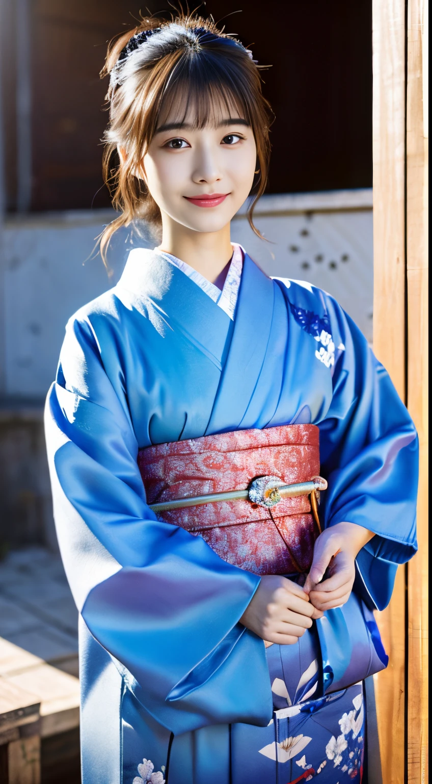(Light blue and red kimono:1.2)、(Kyo-Yuzen:1.2)、(with floral pattern)、(long-sleeve)、(Furisode:1.2)、1人の女性、sixteen years old、full body Esbian、A dark-haired、(reallistic:1.7)、((Top image quality))、absurderes、(超A high resolution)、(Photorealsitic:1.6)、Photorealsitic、octane renderings、(hyper realisitic:1.2)、(photorealiscic face:1.2)、(8K)、(4K)、(​masterpiece)、(realistic skin textures)、(illustratio、Cinematographic lighting、wall-paper)、(beautidful eyes:1.2)、((((face perfect))))、(Cute face like an idol:1.2)、(is standing)、red-lips、outside of house、(1 moon)、(initial)、Detailed cute face、Realistic Beauty、A smile、