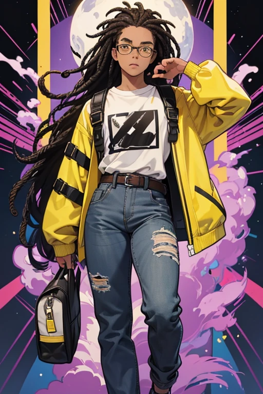 Iggy has dark skin, black dreadlocked hair, and thick eyebrows. He wears rounded-rectangular framed, gray-rimmed eyeglasses, and carries a yellow and black-colored backpack. He wears a purple shirt with a black planet and a light purple ring printed on it and has two white parallel trims along the sleeves. He wears jeans with a yellow belt with a black stripe in the middle, and a pair of gray shoes with purple laces and black soles.