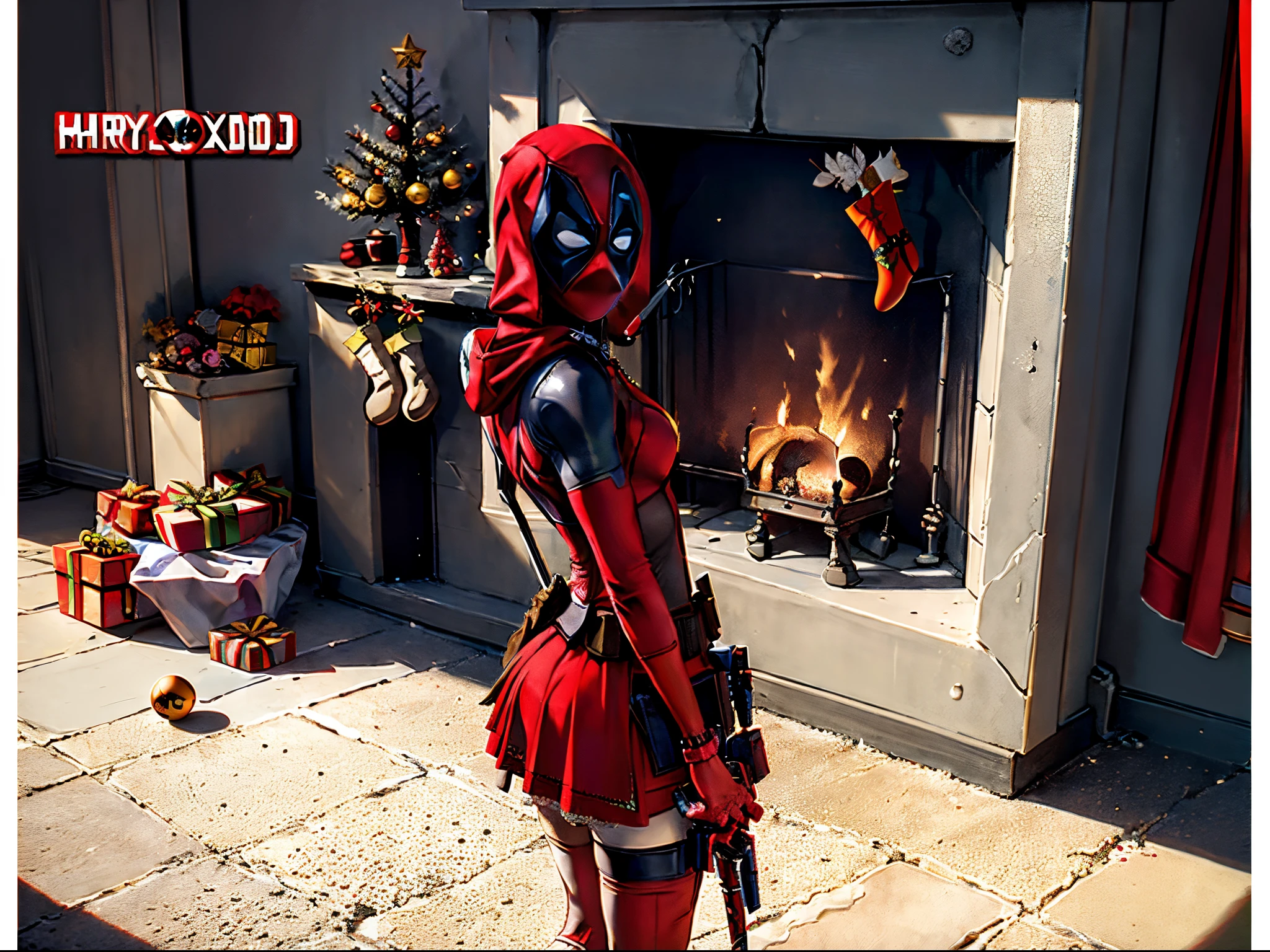 (deadpool in red hood:1.3), holding a bunch of flowers, shy, red skirt, red hood, cute living room with fireplace,cozy, (flowers), masterpiece, detailed, hires, cinematic angle, (((christmas background with presents and ornaments))),