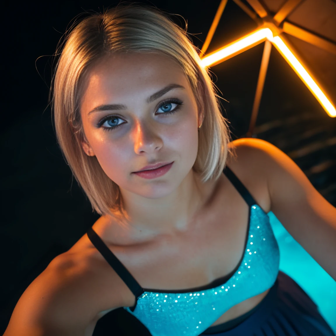 (Selfie, Top view: 1.4), (Right half of the body: 1.4), RAW UHD portrait photo of a 24-year-old blonde (Blue-eyed woman) Do inside disco club, Palm trees, (skirt), (neckline), specifics (Textures!, hair!, Shine, Color!, disadvantages: 1.1), Bright eyes with lots of detail (looking at the camera), SLR lighting, Reflex, Ultra-quality, re sharpness, depth of field, Fujifilm XT3, Crystal Clear, Frame Center, Beautiful Face, Sharp Focus, Street Lamp, Neon Lighting, Bokeh (dimly lit), Night, (Night Sky), detailed skin pores, oily skin, sunburn, intricate eye details, Full body, Big