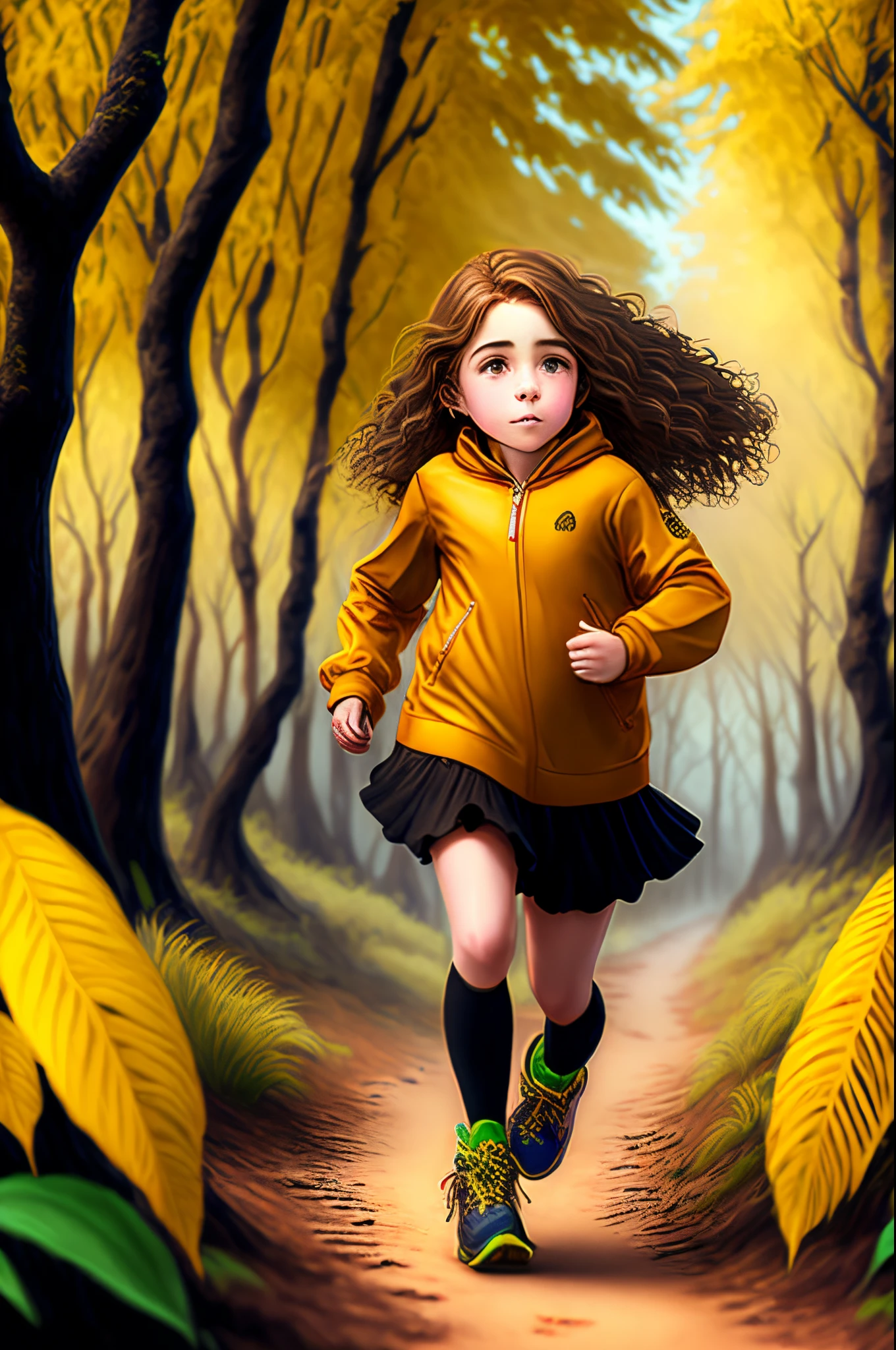 Myrella es una joven de piel color ocre nativa del bosque eterno, largo cabello negro, usa un vestido corto color verde y su rostro con pinturas tribales, va corriendo asustada por el bosque de noche con niebla