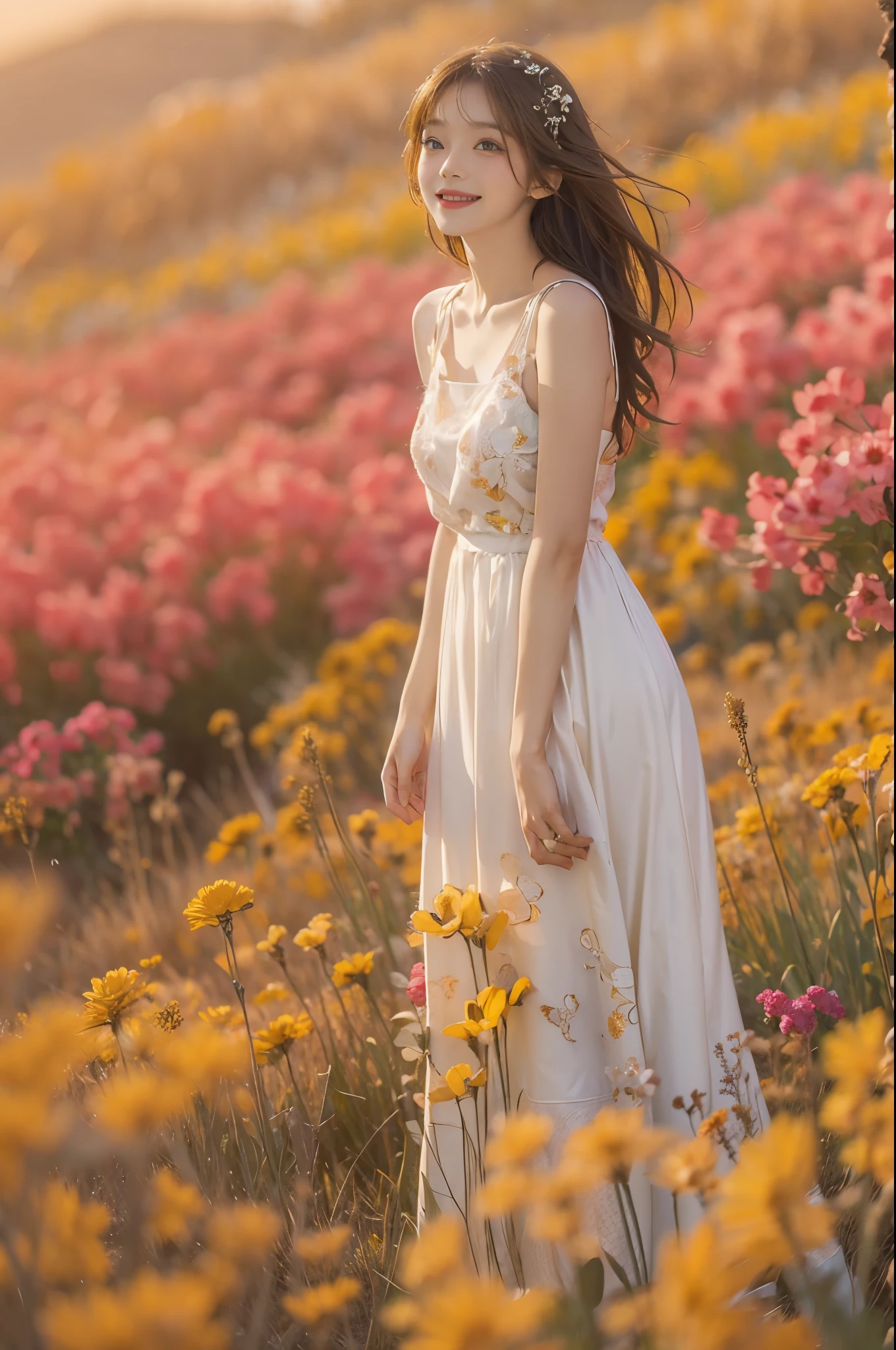 create fun images, A 28-year-old brunette woman with messy hair standing in a flower field. The background is a flower meadow with a golden color scheme..。. The woman will be smiling and holding a very large yellow bouquet..., She wears a white dress,extend it towards the viewer in a giving gesture. We will do our best to bring you this vibrant festival scene.。.!