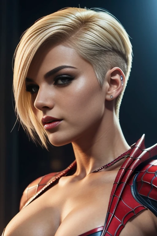 4k highly detailed realistic spider girl from Marvel comics, blonde short undercut bob hairstyle, ((sharp Jawline)), (full body Including Legs), Seduction and fantastic poses