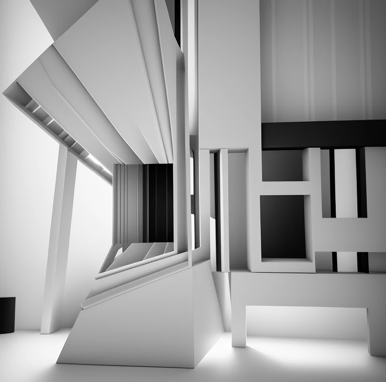 Black and White photo,Strong contrast between black and white,complex spatial structure,Screen is full,Shadow contrast,Color block contrast,The lines are complex,Complex structure