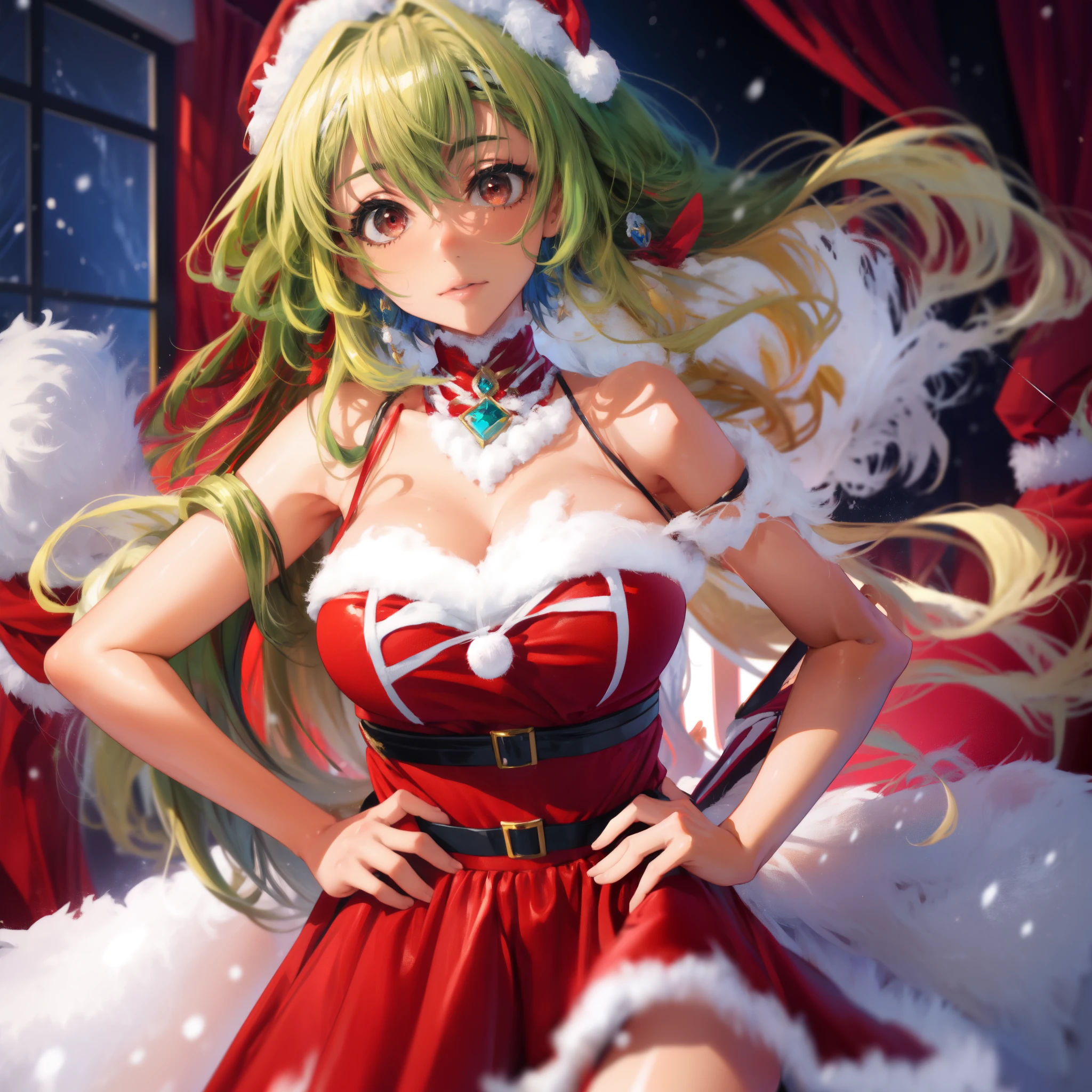 Yami the Golden Darkness wearing SFW christmas gown with red and green adornments, hands on hips,1girl, messy long yellow hair, cute red eyes, amazing beauty and incredible presence, dynamic pose, delicate face, beautiful red eyes, confident facial expression, 8k high detail, very detailed, anatomically correct, digital painting, concept art, Shinkai Makoto art style, clear picture, snowy village, full-body portrait, super fine drawing, best quality, 8K super high resolution, 2D anime masterpiece