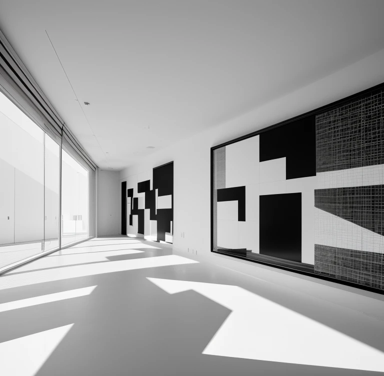 Black and White photo,Strong contrast between black and white,complex spatial structure,Screen is full,Shadow contrast,Color block contrast,The lines are complicated,Complex structure,complex buildings