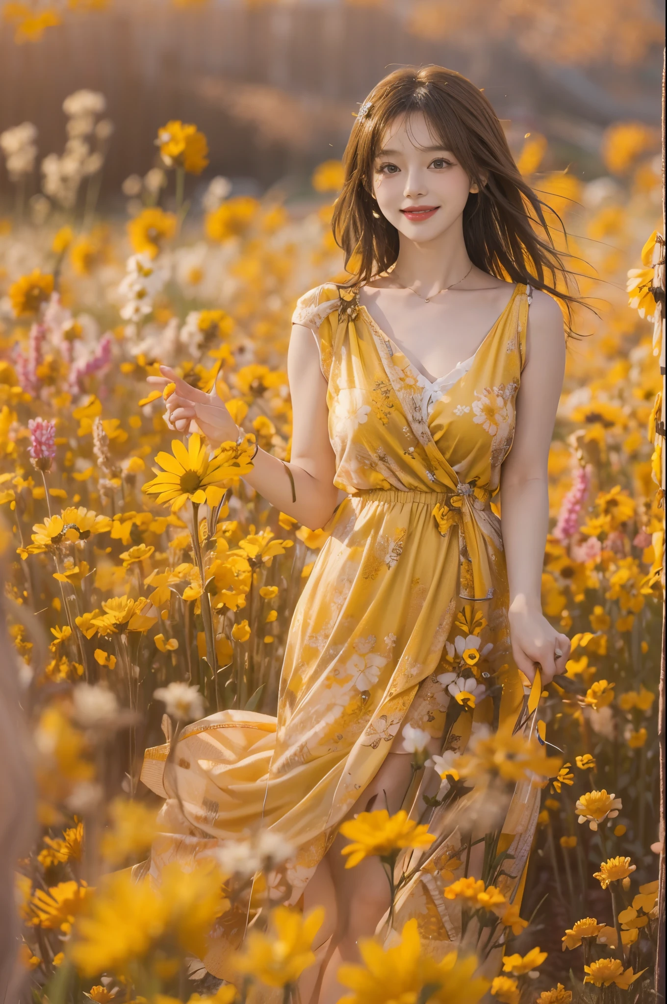 create fun images, A 28-year-old brunette woman with messy hair standing in a flower field. The background is a flower meadow with a golden color scheme..。. The woman will be smiling and holding a very large yellow bouquet..., She wears a white dress,extend it towards the viewer in a giving gesture. We will do our best to bring you this vibrant festival scene.。.!