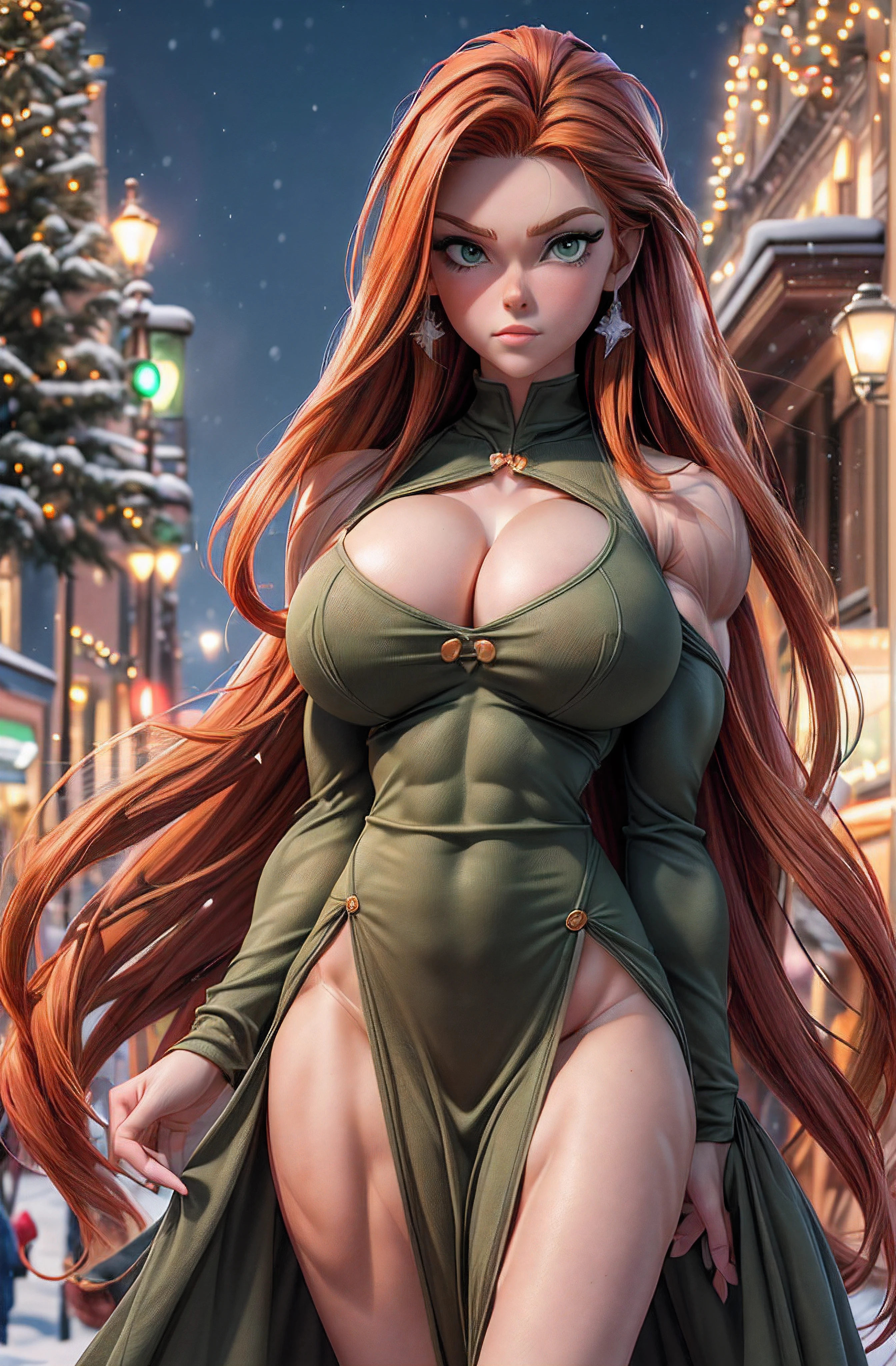Tall, redhead, cute young woman, full body, abnormally long slender torso, long arms, long legs, detailed face, detailed green eyes, detailed lips, detailed nose, ((((Massive oversized breasts)))), cute modern everyday wintertime outfit, snowy, town center Christmas tree lighting, multicolored Christmas lights, (masterpiece, 8k, UHD, best quality:1.2, dynamic), ((((huge muscles:1.3))))
