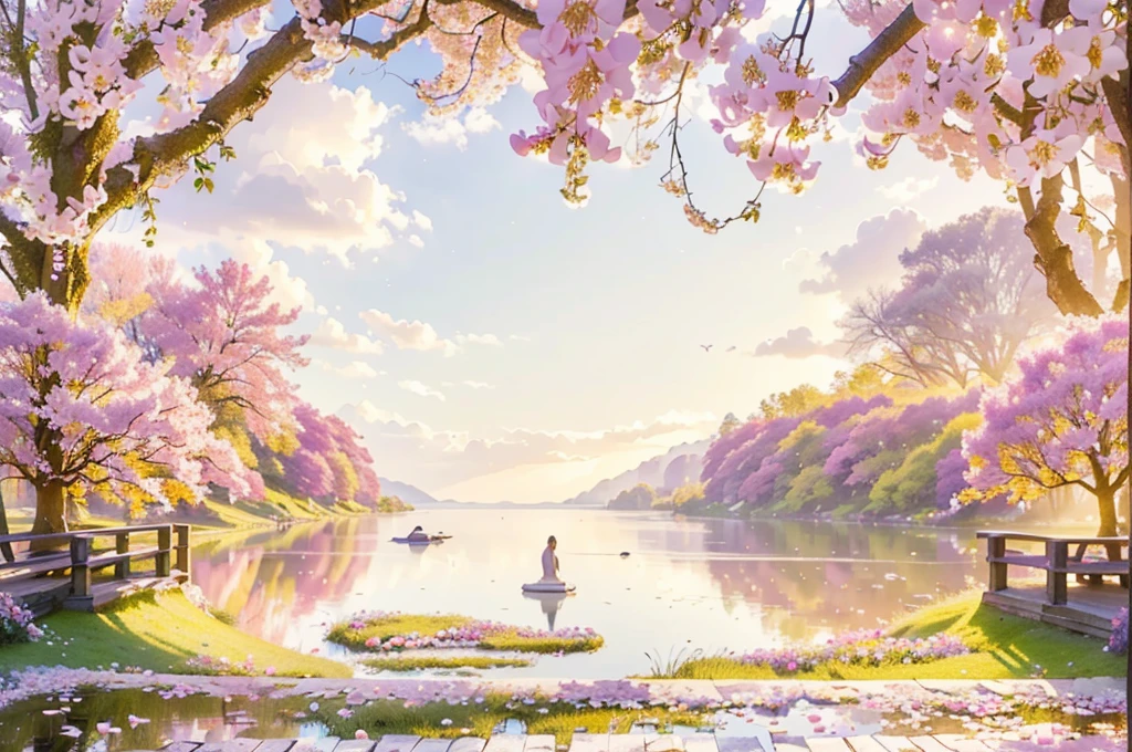 (Best Quality,4k,8K,hight resolution,Masterpiece:1.2),Ultra-detailed,(Realistic,Photorealistic,photo-realistic:1.37),Enchanting landscape,Flowers,purple petals,brilliant morning dew,Flowering trees,Multicolored butterflies,Serene Lake,Sparkling water,peaceful atmosphere,Soft sunlight, penetrating through trees,Lush green grass,delicate flower buds open,ethereal ambiance,faint aroma of flowers, airborne,Golden rays of sunlight, Lighting up the stage,Bright and vibrant colors,Peaceful and serene environment,magical and otherworldly,harmony between nature and tranquility,stunning reflection on the calm surface of the water,intricate details on every flower and leaf,the whisper of the breeze caresses the flowers,dancing in the light wind,sparkling reflections on the lake,blissful and serene landscapes,Each petal is perfectly detailed,A magnificent picturesque view opens before your eyes,Exciting and captivating,Romantic and dreamy,delicate shades of purple and pink,Scenic landscape,unforgettable and mesmerizing,impressive and breathtaking,scenic beauty at its finest.