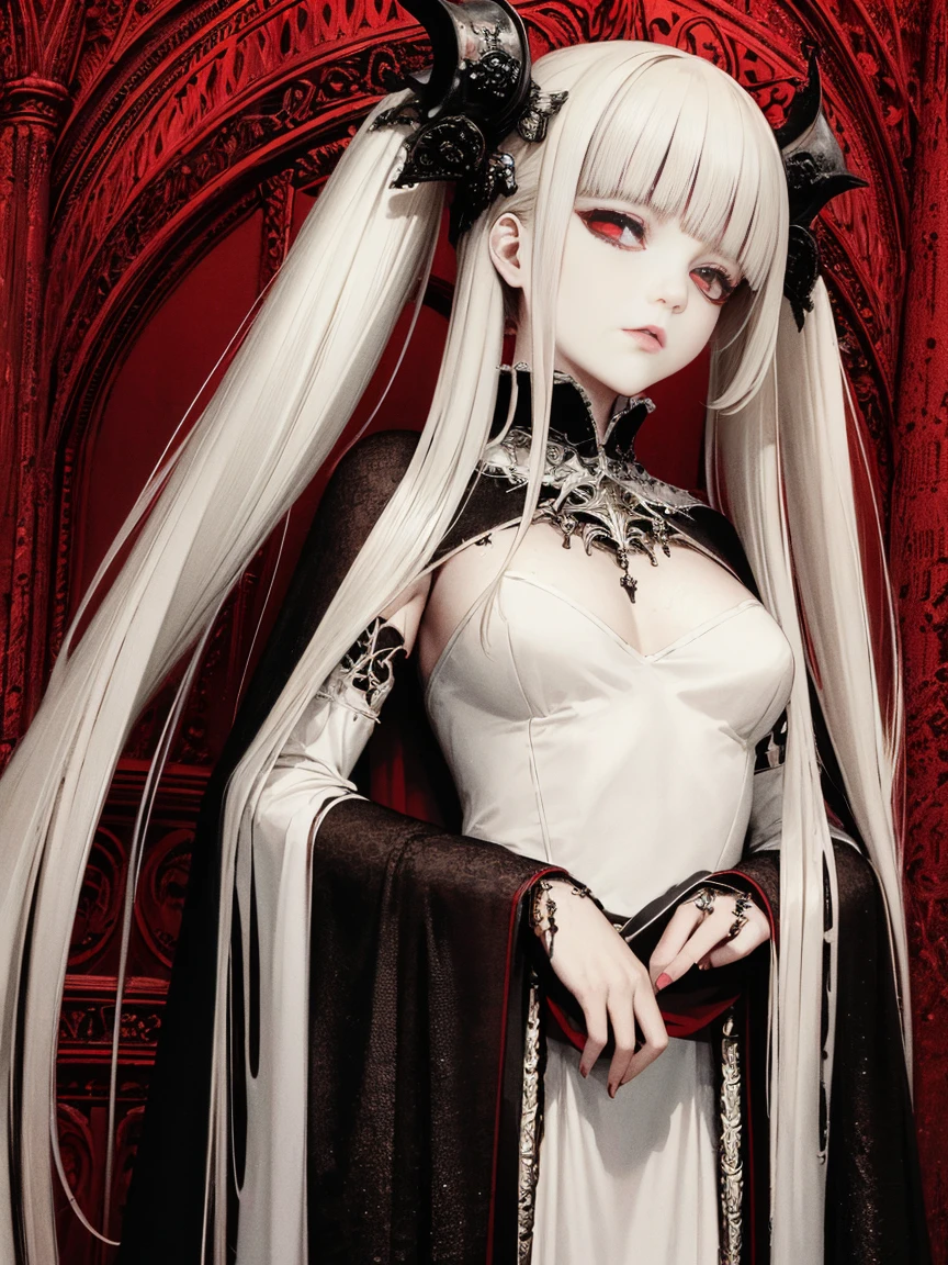 pale young divine gothic priestess, twintails, pure white skin, rust decay, Beautiful full body symmetrical portrait, Delicate blonde hairstyle, crimson eyes, dark red elegant gothic armor, encrusted with red gems, dark cathedral, masterpiece, Highest image quality, super detailing, upscaled, art by Zdzislaw Beksinski, art by H.R. Giger, absurdres, highres, (official art, beautiful and aesthetic:1.2), real, 4k, 8k,