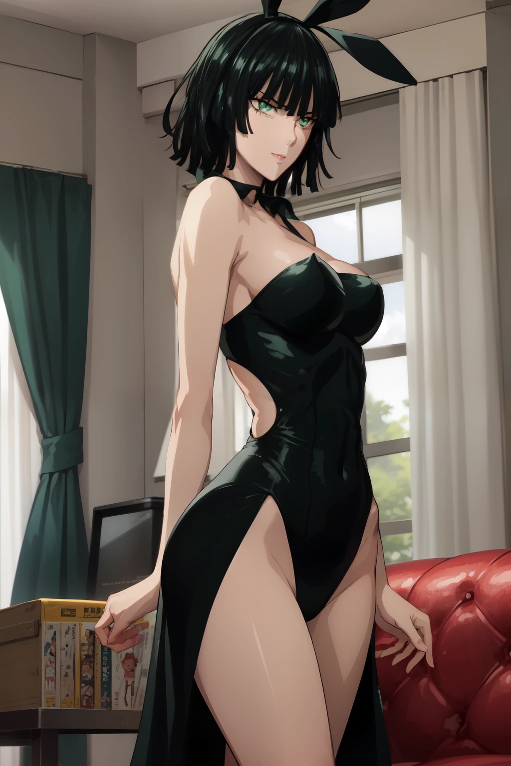 1girl,solo,(Fubuki\(Un Punch Man)\), ASS, from behind, (from bottom: 1.3), bunny ears, tight green-black Playboy bunny costume, short hair, green-black hair, green eyes, leather green, living room, wooden furniture, seductive, smiling, closed mouth, makeup, light pink lipstick, anime, individual focus, (point of view), detailed face, complex skin, nightgown, side head view, arrogant, disgust , warm light, big breasts, wide waist, wide hips, wide thighs, round butt