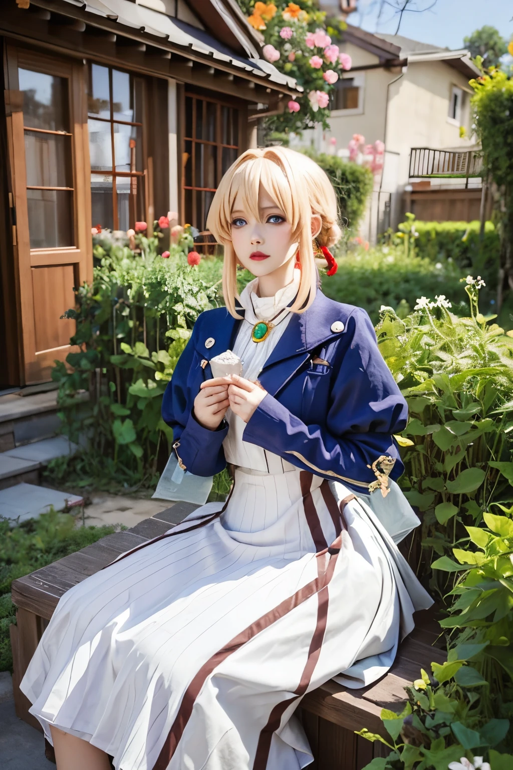 violet_evergarden,  blue_eyes, blonde hair, blue eyes, hair ribbon, ribbon, short hair, braids, hair braids, red ribbon, mature female, blue jacket, brown gloves, cropped jacket, dress, gloves, green brooch, jacket, juliet sleeves, long sleeves, puffy sleeves, white dress blonde hair, erotic smile, erotic eyes, erotic pose, sit on the floor, full body, breast focus, spread legs, (realism:1.2), (masterpiece:1.2), (best quality), (ultra detailed), (8k, intricate), (85mm), light particles, lighting, (detailed eyes:1.2), (detailed face:1.2), (highly detailed:1.2), (gradients), colorful, daylight,