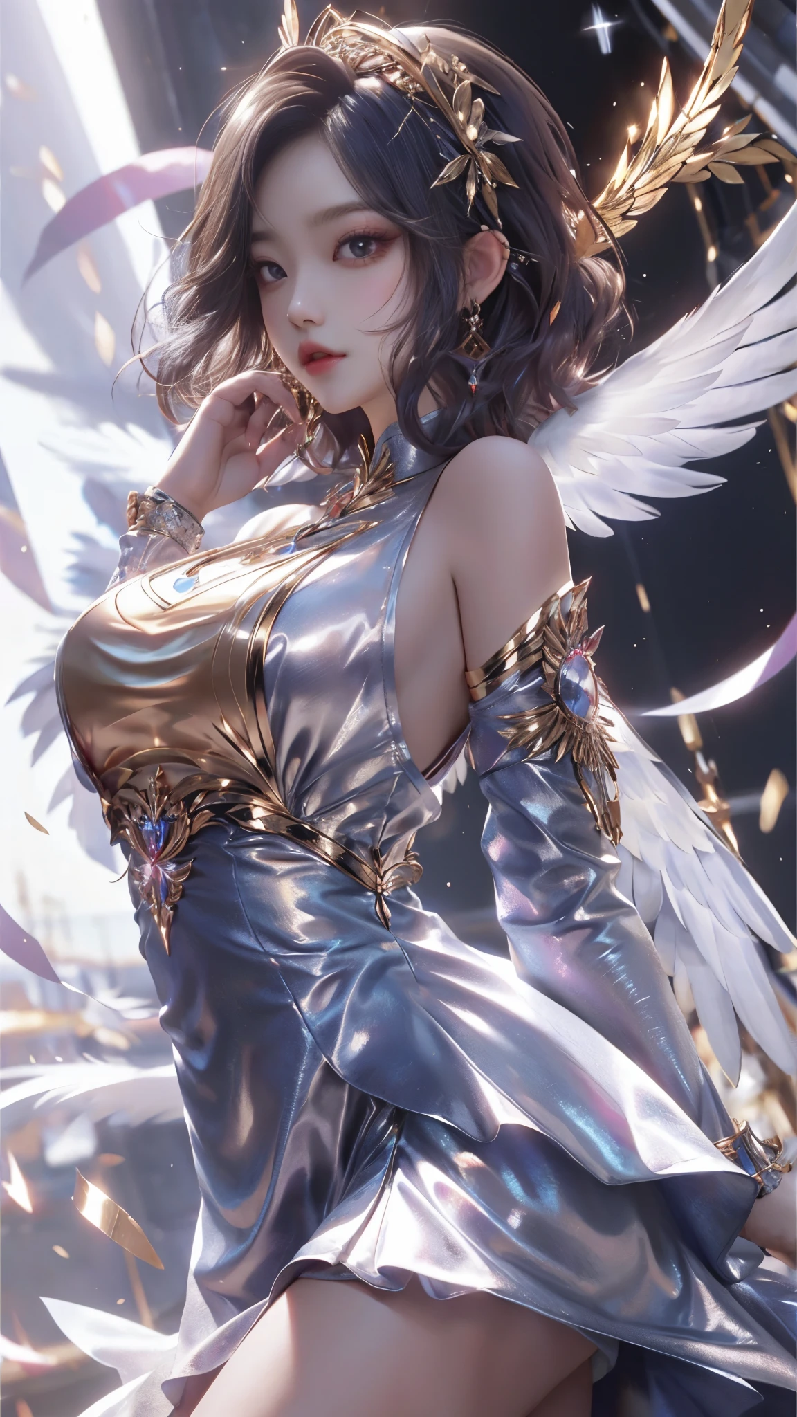 Castle in the distance、The face is front、Looking at the camera、profile、8K、realphoto、超A high resolution, Master Parts, Best Quality, nffsw , cinematic images,Lovely girl、ann、16 only、annグロサクソン、二重まぶた、drooing eyes、Very big eyes、Eyes purple、Dark eye shadow、The lips are very thin、The tip of the nose stretches beautifully................................、small nostrils,,,,, ighly detailed , Silver hair、Straight short hair、ssmile、 Sweet look 、a very beautiful woman、legs are long、、Very clear shadows , jewely , A detailed eye, very intricate, shiny skins , パーフェクトブリリannト, Perfect Lighting, Dramatic shadows、White tiara on head、Gold necklace around the neck、White aristocratic dress with gold embroidery、Glass High Heels、Angel White Wings