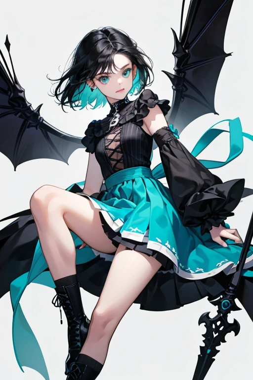 Willow has pale skin, shoulder-length, straight raven black hair. Clipped in it is a white skull-shaped clip with turquoise bat wings on it. She wears dark-colored eyeshadow on her eyelids. She wears a black top with white stitch marks and turquoise straps, skull sequels on the bottom, and a turquoise and black-striped skirt and arm warmers. She wears black shoes with silver laces and black soles