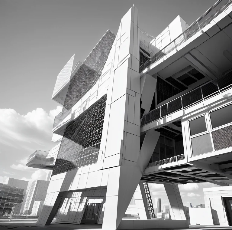 Black and White photo,Strong contrast between black and white,complex spatial structure,Screen is full,Shadow contrast,Color block contrast,The lines are complicated,Complex structure,complex buildings,reconstruction space,Strong contrast between black and white,Complex structure,Strong light and shadow,artistically expressive