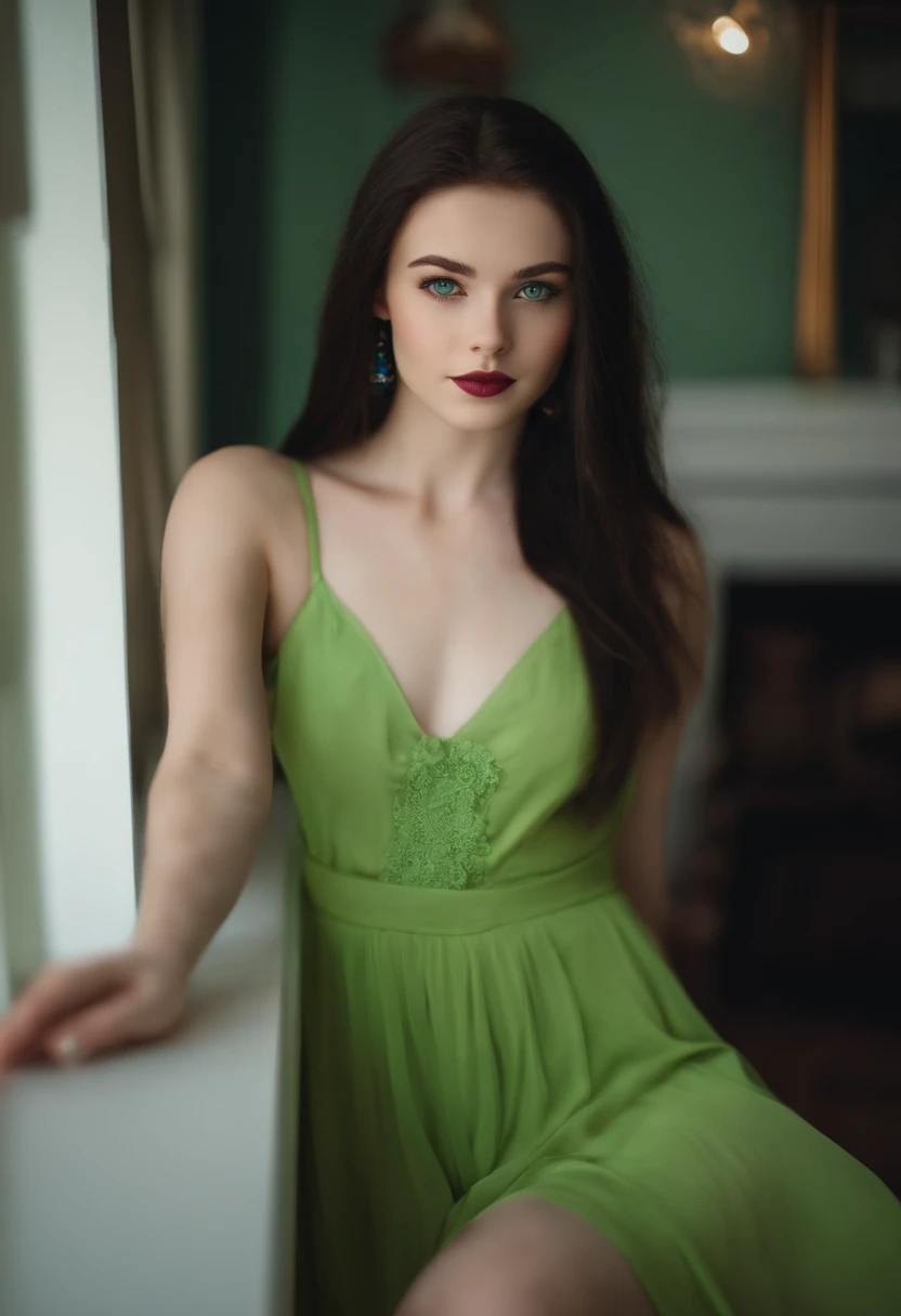 beautiful 18 year old girl, pale skin, black straight hair, green eyes, long legs, room, selfie