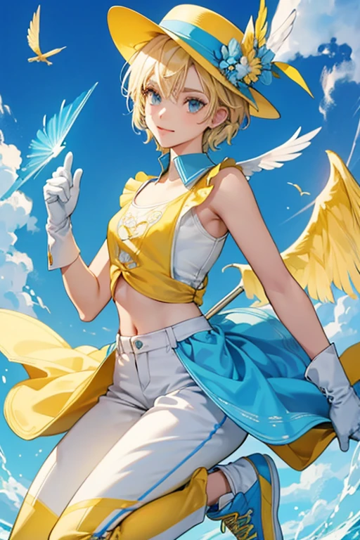 Perri has fair skin and blonde hair. She wears a blue tank-top with light blue spiral patterns with a pair of yellow shutter shades tucked into the collar. She also wears white pants and a pair of yellow gloves, yellow-laced blue sneakers with white accents and silver soles, and a winged two-toned white cap with a blue brim, where her pet bluebird, Tart, perches itself.