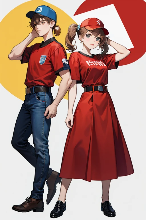 Joy has her hair in pigtails. Joy wears the same worker uniform as her brother Roy: red shirt, blue jeans, brown belt, gray shoes with black soles and red laces, and a blue Pizzeria cap. She has light periwinkle eyeshadow and light brown hair set in pigtails.