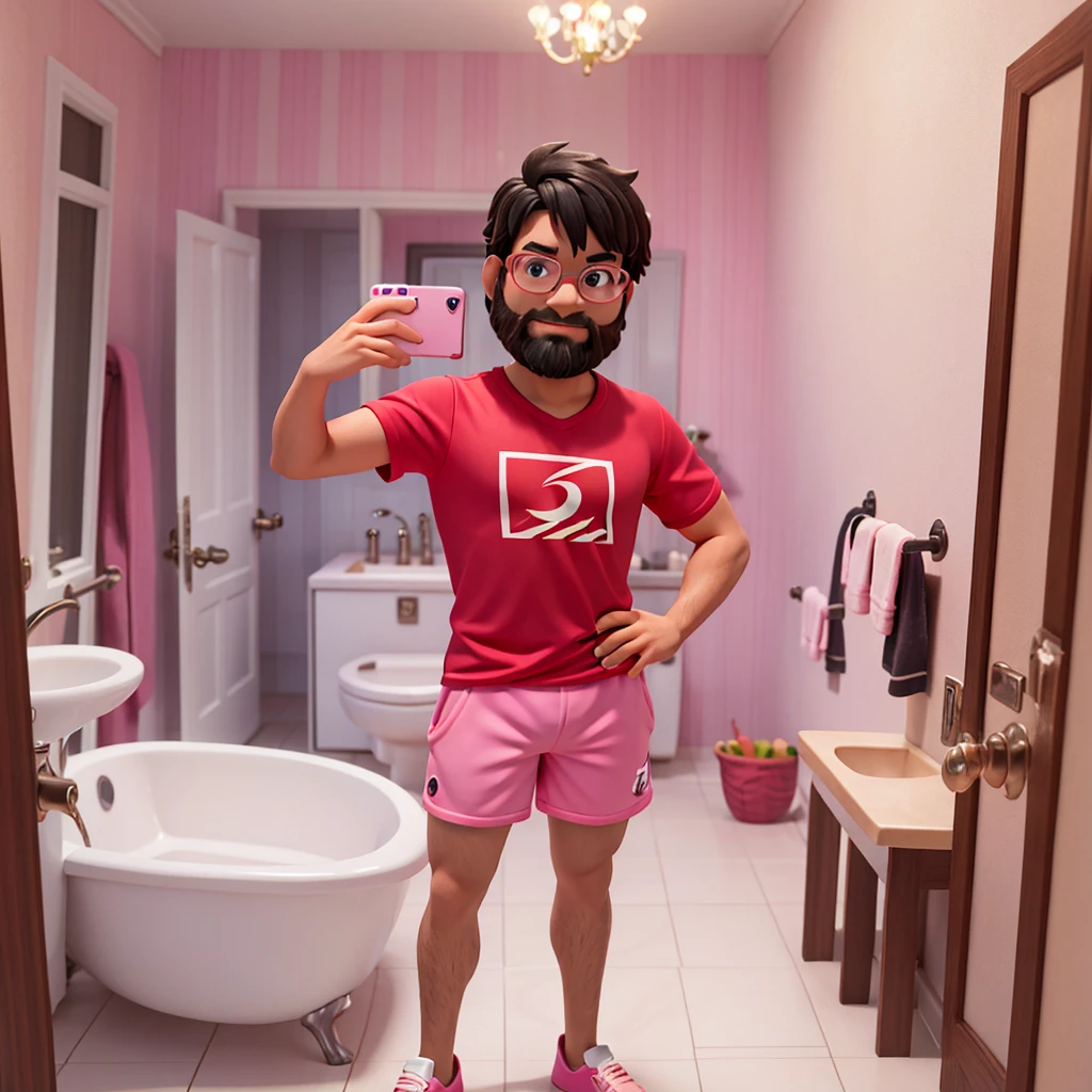 a 3d image pixel disney there is a man taking a picture of himself in the mirror,solo, in bathroom, in a bathroom, Flamengo shirt, light pink shorts, black hair and beard, glasses