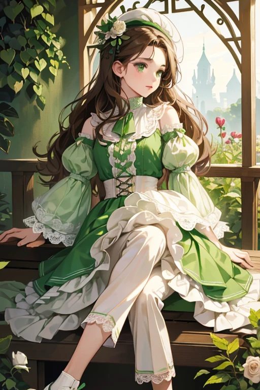 Julep has fair skin, green eyeshadow, and wavy brown hair. She wears a light green cloche surrounded by a white lace and rose, a light green layered shirt with puffed sleeves and white trims, brown pants, and green and white shoes with brown laces and soles.
