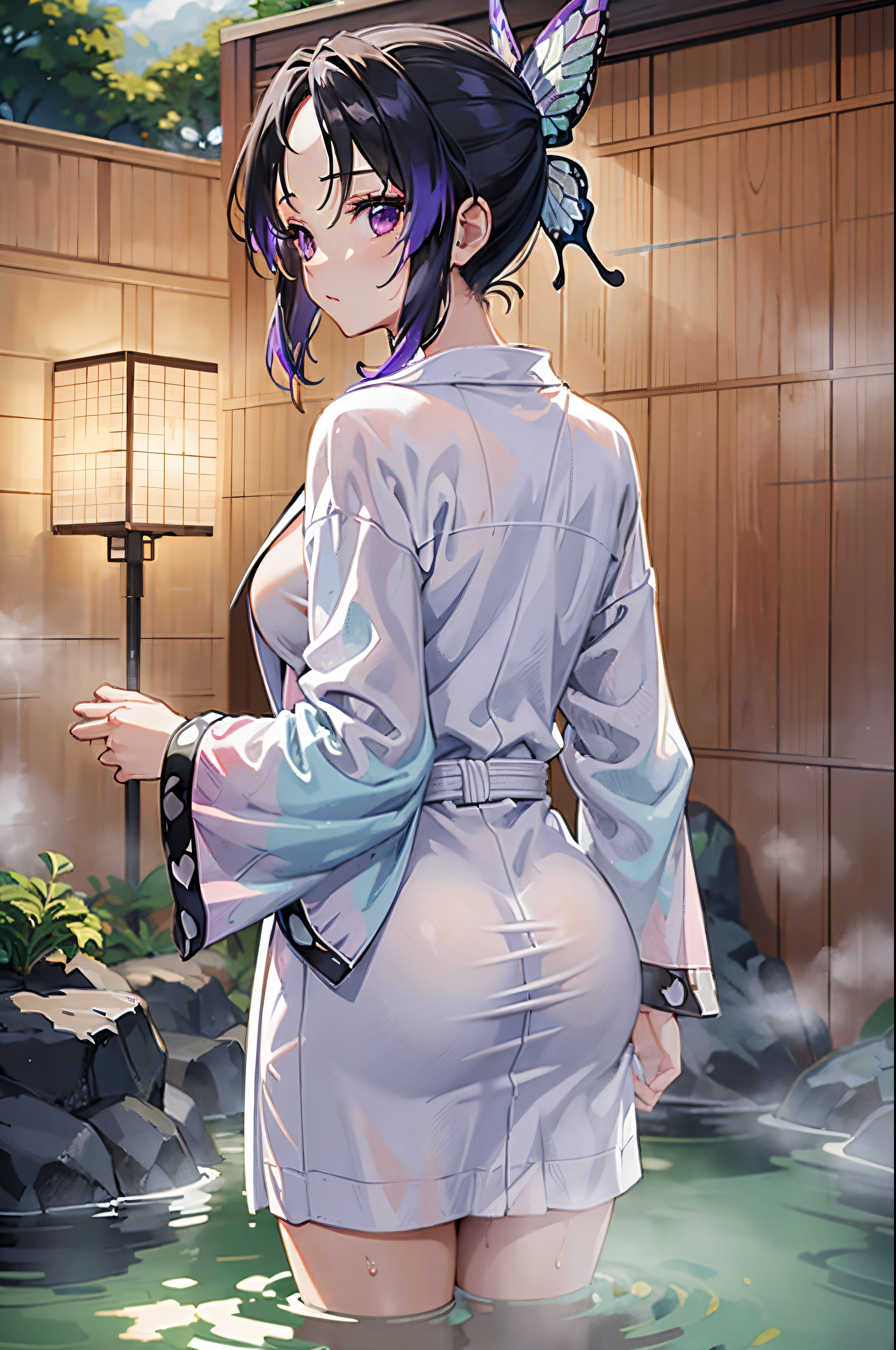 Ultra-realistic 8K CG，Masterpiece，（（ultra-detailed background，delicate pattern，intricated details）），Best quality at best，Very, very, very detailed face，Very detailed eyes and faces，Very detailed eyes，Shinobu Kocho，multicoloured hair，No bangs，hair intakes，Purple Eye，brow, butterflies ,Solo,(onsen:1.4) ，Chibi，Tyndall Effect , (Shameful_face),(Bathrobe:1.5),(from back:1.3), No nudity,(Sexy:1.3)