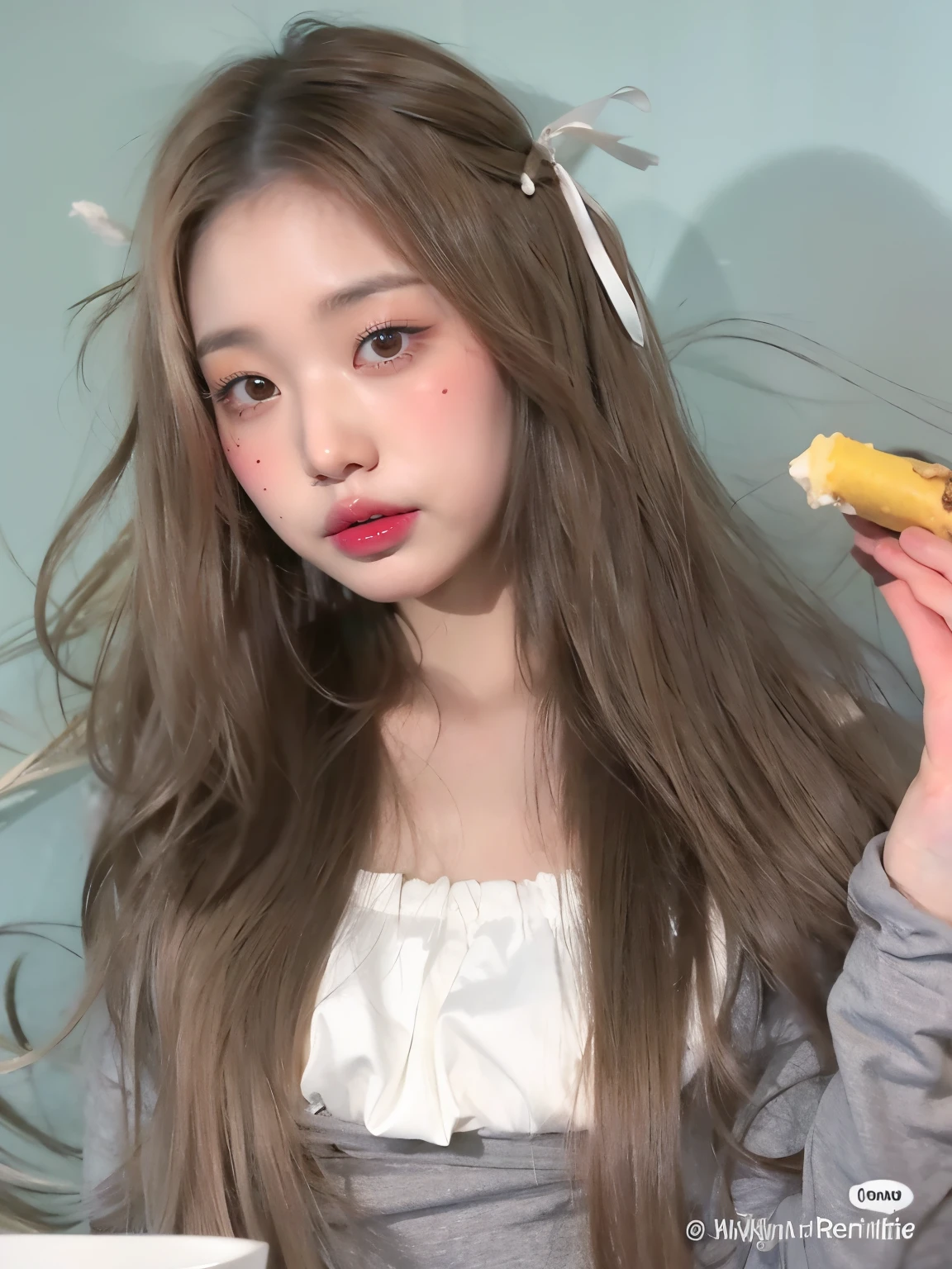 hay una chica con el pelo largo sosteniendo un hot dog, ulzzang, Chica de anime en la vida real, Cabello suave, Cabello beige, Sakimichan, Retrato realista kawaii, con cabello largo y ojos penetrantes, Ilya Kuvshinov con cabello largo, Neat, light brown hair, Asian girl with long hair, cabello rubio ceniza, Ojos grandes y cabello largo y suelto
