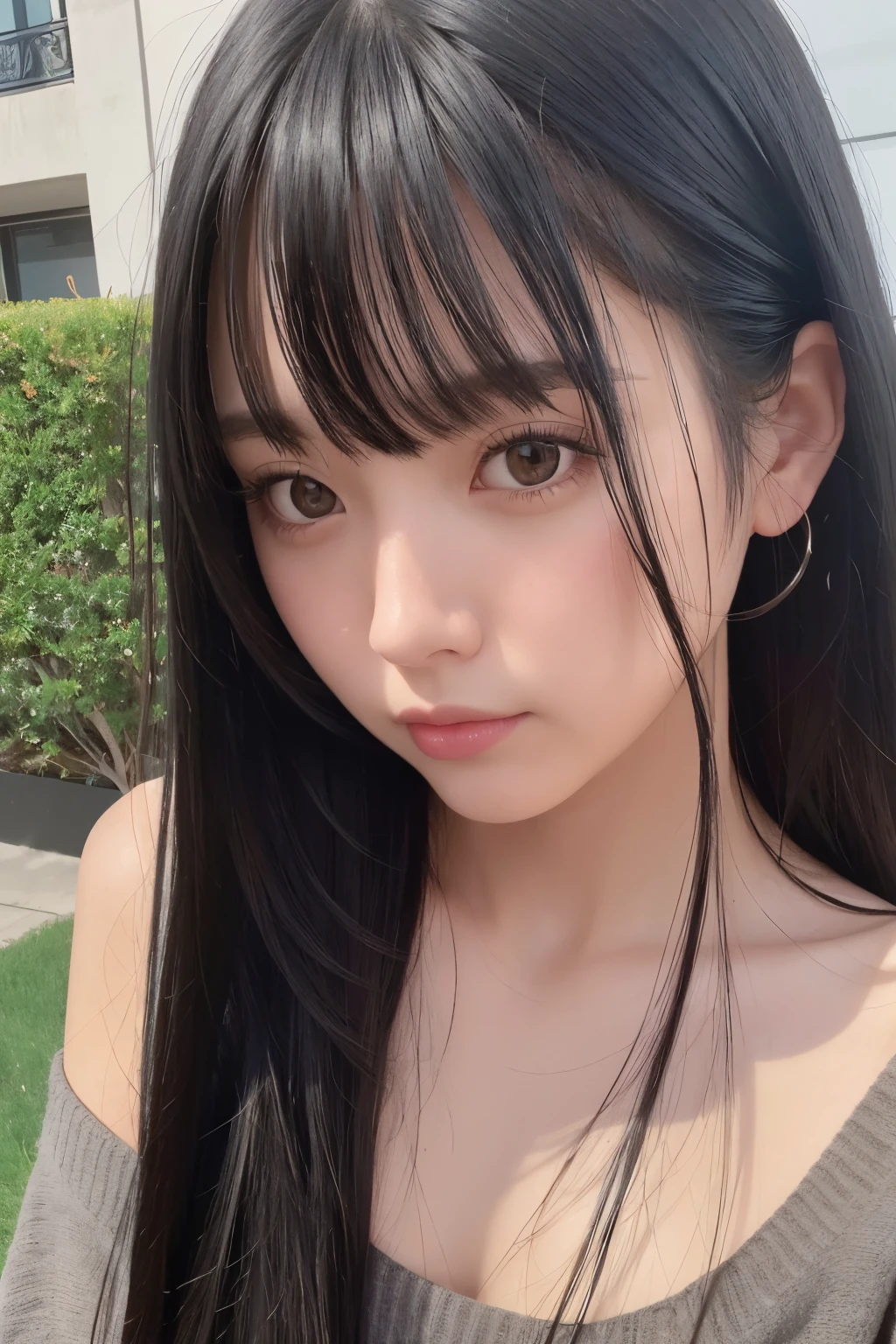 Default 12:23:40 masterpiece, best quality,1girl, solo, black hair, realistic, long hair, black eyes, sweater, bare shoulders, bangs, bushes, closed mouth, upper body, hime cut, selfie