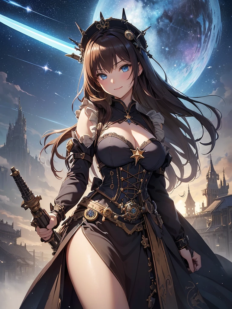 top-quality、Top image quality、masterpiece、Beautiful Gothic girl((20yr old、Best Bust、big bast、Bust 90,Beautiful blue eyes、,Brown hair long hair、A slender、a closeup、Hold a steampunk cannon、glowing sword in hand、Cool pose、fight、Esbian、Gothic Maid costume、beautiful apron、hiquality、Beautiful Art、Background with((starrysky)))masutepiece、visualart、depth of fields、low angle of morning sky、、、🎵、Happy smile、Gentle light、、Beautiful skins、beutiful breast、beautiful foot、welcome、、accurate fingers、Exact finger count、nffsw、steampunc、Lots of gears、Majestic nature、Artistically、gothic magic、action scene、huge robot、Great angle、Battle Scenes、steampunk fantasy、必殺技❗️強力な一撃!!