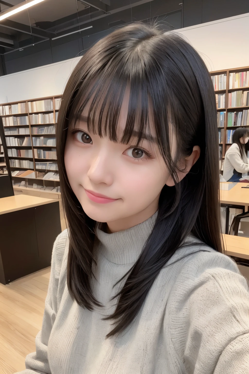 masterpiece, best quality,1girl, solo, black hair, realistic, long hair, black eyes, sweater, bangs, library, closed mouth, smile, upper body, hime cut, selfie