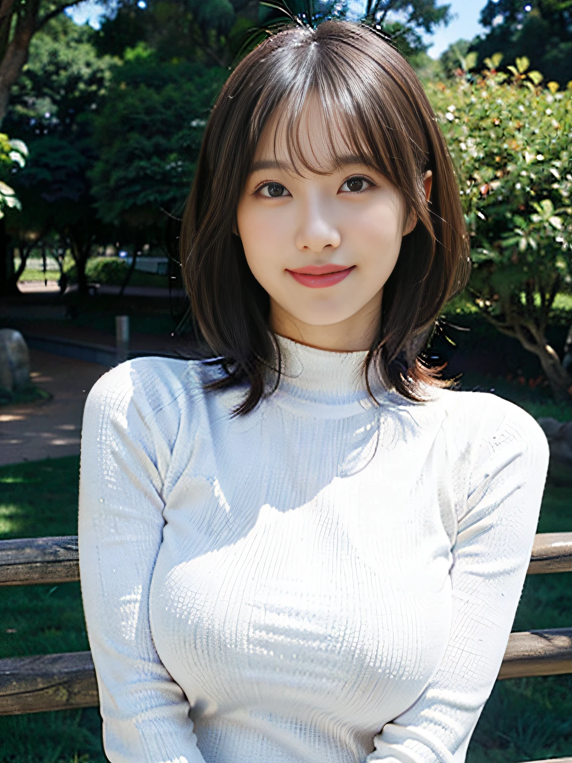 (realisitic, Photorealsitic:1.5), (top-quality:1.5), (超A high resolution:1.5), (masterpiece), hyper realisitic, Bright lighting from front:1.8, (japanes), (1a person:1.5), (30-years old), (White tight knit:1.5), (A big smile), (Double eyes), (Sauce order:1.5), (Thin makeup), (short-hair:1.5), (Straight hair), (Silvery hair), (Large breasts:1.5),(Ayers Rock)