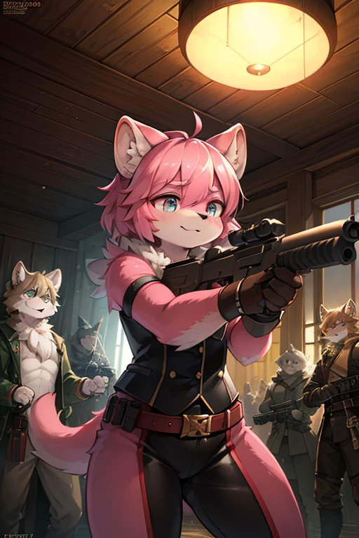 absurdres, furry, male furry, anthro, trending on artstation, uploaded on e621, (otter) killing irish people, (pink fur), group, extreme detail, detailed fluffy fur, full body, detailed eyes, (shaded), (detailed lighting), (cinematic lighting), (masterpiece, hi res, RAW photo, high resolution, high details, best quality), high definition, (high sharpness:1.3), action pose, gun, shooting, Irish people