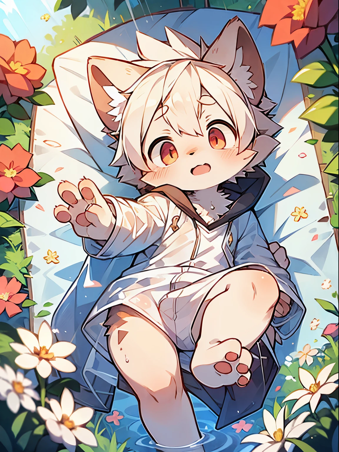 tmasterpiece, Best quality, perfect anatomia, watery big eyes,  hairy pubic hair, aardwolf, (Phyllis:0.3),  Alone, dressed in, baggy clothes, wet fur, (Translucent raincoat:1.1), (There are flowers:1.1), lie, bird's eyes view, grassy, Sateen, Eau, it is raining,（dagasi street：1.1），((schoolboy，shota))White fur，White hair！！Red-eyed，White hair all over the body！！Pure white ears！！white colors，pure white，no color！