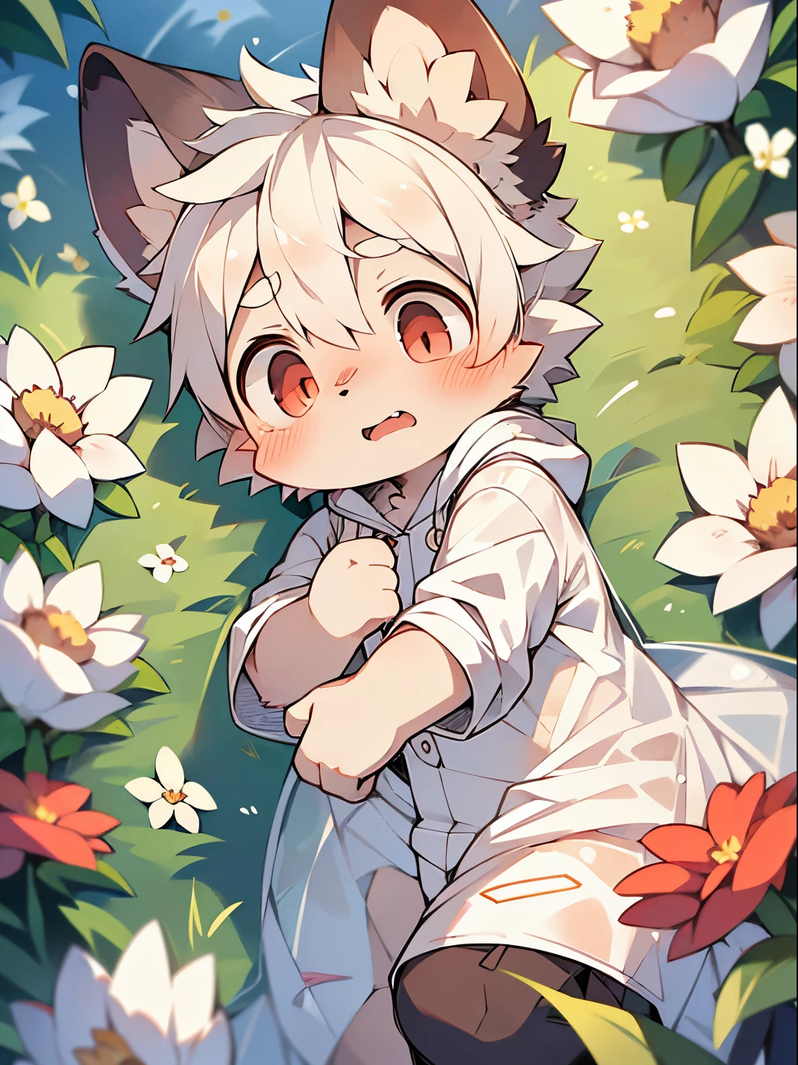tmasterpiece, Best quality at best, perfect anatomia, watery big eyes, hairy pubic hair, aardwolf, (Phyllis:0.3), Alone, dressed in, baggy clothes, wet fur, (Translucent raincoat:1.1), (There are flowers:1.1), lie, bird's eyes view, grassy, Sateen, Eau, it is raining,(dagasi street:1.1),((schoolboy,shota))White fur,White hair!!red - eyed,White hair all over the body!!Pure white ears!!white colors,pure white,There is no color!