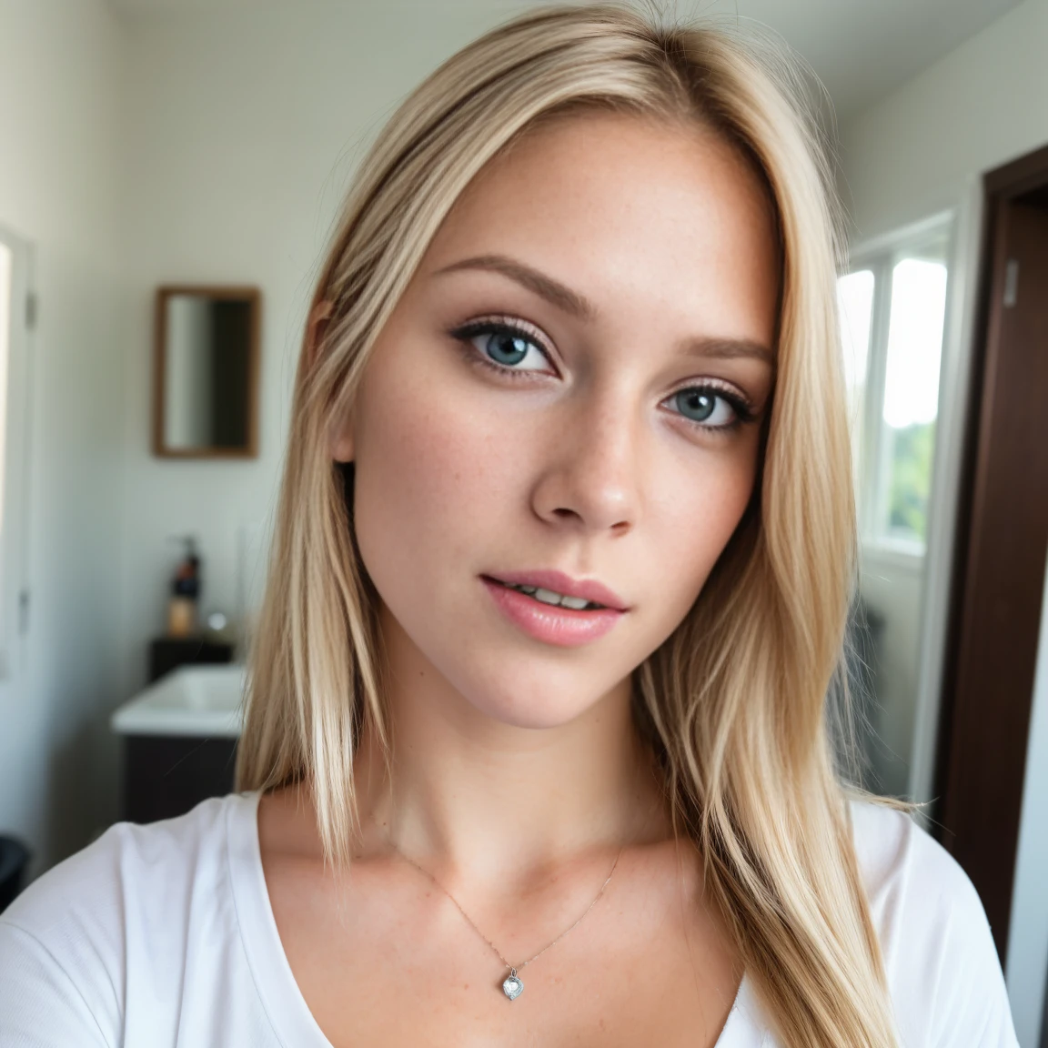 (Selfie, Front view: 1.4), (upper body: 1.4), RAW UHD portrait photo of a 24-year-old blonde (Blue-eyed woman) Do in bathroom, , (t-shirt), (cleavage), specifics (Textures!, hair!, Shine, Color!, disadvantages: 1.1), Bright eyes with lots of detail (looking at the camera), SLR lighting, Reflex, Ultra-quality, re sharpness, depth of field, Fujifilm XT3, Crystal Clear, Frame Center, Beautiful Face, Sharp Focus, (dimly lit), Night, (daytime), detailed skin pores, oily skin, sunburn, intricate eye details, Full body, Big