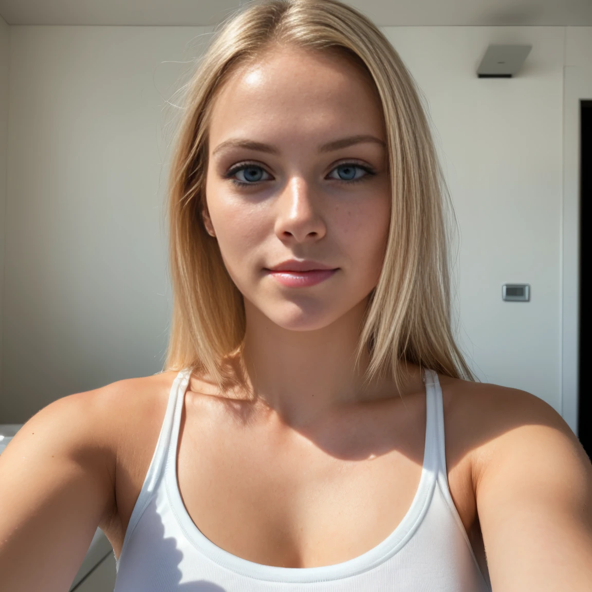 (Selfie, Front view: 1.4), (upper body: 1.4), RAW UHD portrait photo of a 24-year-old blonde (Blue-eyed woman) Do in bathroom, , (t-shirt), (cleavage), specifics (Textures!, hair!, Shine, Color!, disadvantages: 1.1), Bright eyes with lots of detail (looking at the camera), SLR lighting, Reflex, Ultra-quality, re sharpness, depth of field, Fujifilm XT3, Crystal Clear, Frame Center, Beautiful Face, Sharp Focus, (dimly lit), Night, (daytime), detailed skin pores, oily skin, sunburn, intricate eye details, Full body, Big