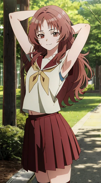 2d, masterpiece, best quality, anime, highly detailed background, perfect lighting, (beautiful, best quality:1.1), masterpiece, perfect eyes,
(beautiful), erotic, 1girl,
ai_mie, long hair, red eyes, red hair, small breasts, (squint eyes:1.2),
skirt, brown eyes, school uniform, short sleeves, red hair, pleated skirt, shoes, serafuku, socks, kneehighs, red skirt, forest, dark sky, contrapposto, smile, spread armpits, cowboy shot, sleeveless, {arms behind head},