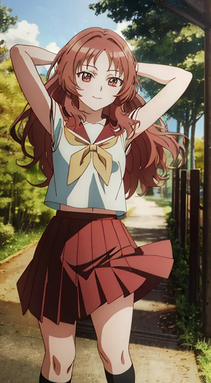 2d, masterpiece, best quality, anime, highly detailed background, perfect lighting, (beautiful, best quality:1.1), masterpiece, perfect eyes,
(beautiful), erotic, 1girl,
ai_mie, long hair, red eyes, red hair, small breasts, (squint eyes:1.2),
skirt, brown eyes, school uniform, short sleeves, red hair, pleated skirt, shoes, serafuku, socks, kneehighs, red skirt, forest, dark sky, contrapposto, smile, spread armpits, cowboy shot, sleeveless, {arms behind head},