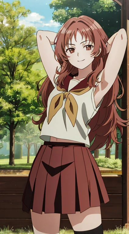 2d, masterpiece, best quality, anime, highly detailed background, perfect lighting, (beautiful, best quality:1.1), masterpiece, perfect eyes,
(beautiful), erotic, 1girl,
ai_mie, long hair, red eyes, red hair, small breasts, (squint eyes:1.2),
skirt, brown eyes, school uniform, short sleeves, red hair, pleated skirt, shoes, serafuku, socks, kneehighs, red skirt, forest, dark sky, contrapposto, smile, spread armpits, cowboy shot, sleeveless, {arms behind head},