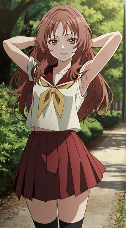 2d, masterpiece, best quality, anime, highly detailed background, perfect lighting, (beautiful, best quality:1.1), masterpiece, perfect eyes,
(beautiful), erotic, 1girl,
ai_mie, long hair, red eyes, red hair, small breasts, (squint eyes:1.2),
skirt, brown eyes, school uniform, short sleeves, red hair, pleated skirt, shoes, serafuku, socks, kneehighs, red skirt, forest, dark sky, contrapposto, smile, spread armpits, cowboy shot, sleeveless, {arms behind head},