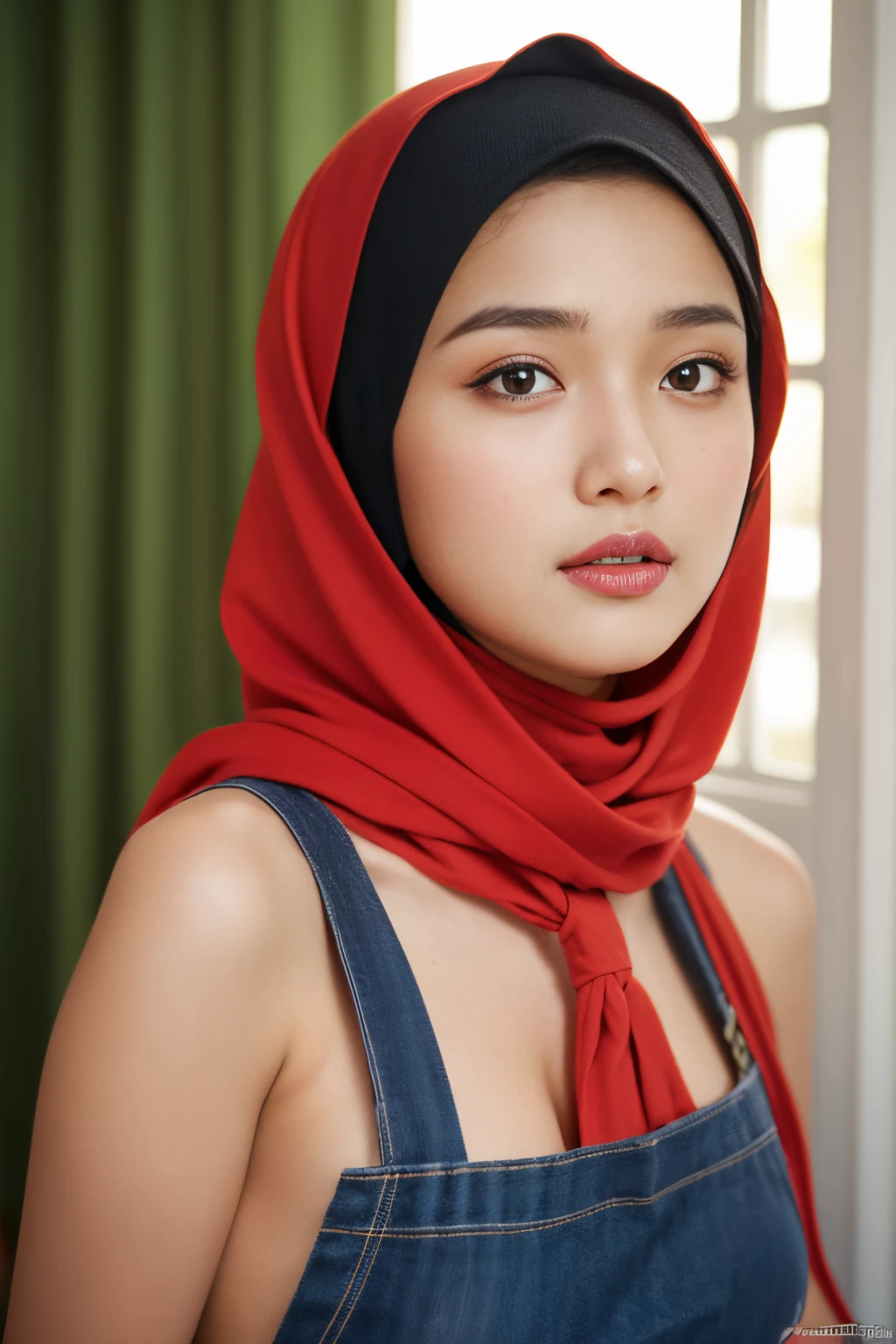  SUSPENDER,  (((HIJAB MALAY GIRL))), masutepiece, High quality, UHD 32K, Realistic face, Realistic skin feeling , A Japanese Lady, 8 years old, , Very cute and baby-like face, (((FLAT CHEST))), (MATRIX WORLD), ((look In front  at the camera and SADNESS)), (((CUTE GIRL))), ((RED LIPS)), ((CHUBBY)), (undress, heavy breasts 