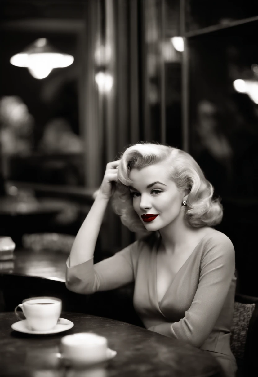 A photo of Marilyn Monroe sitting at a cozy cafe table, sipping on a cappuccino and reading a script for her next film,original,Marilyn Monroe is 26 years old, blonde shoulder length hair, fair skin, red lipstick., female