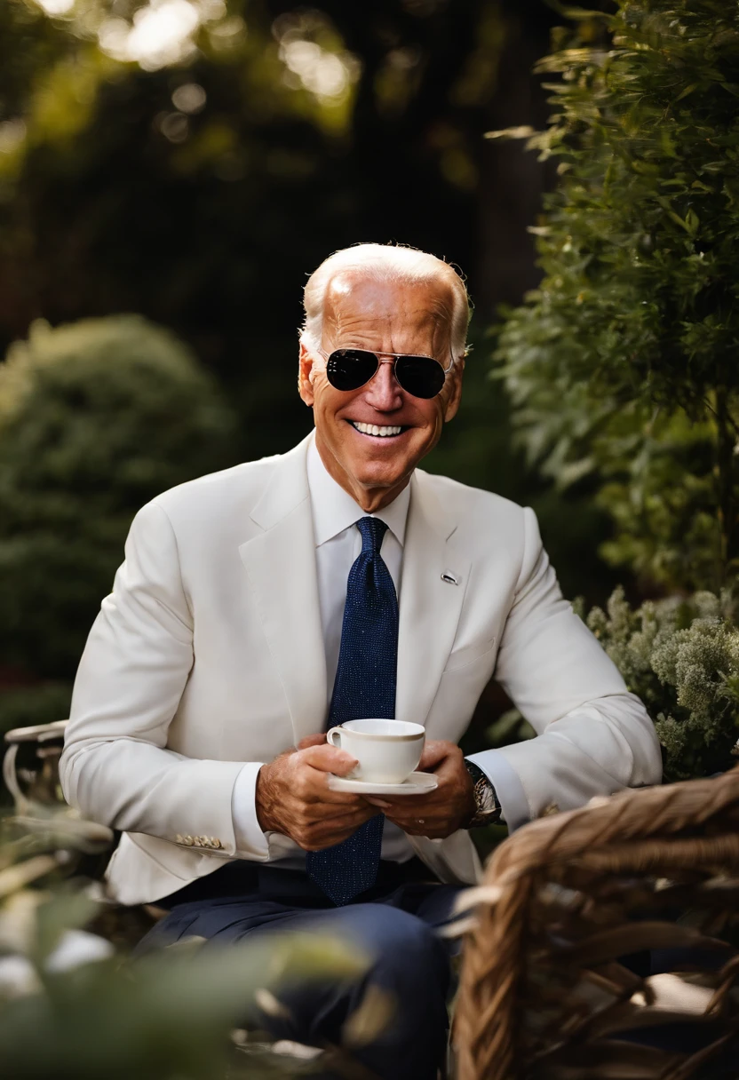 A photo of Joe Biden peacefully enjoying a late-night cup of chamomile tea in a serene garden,original, Joe Biden, the President of the United States, is typically seen in a suit and tie, often with a smile and aviator sunglasses, which have become somewhat of a trademark look for him. He has white hair, blue eyes, and is known for his friendly demeanor., male