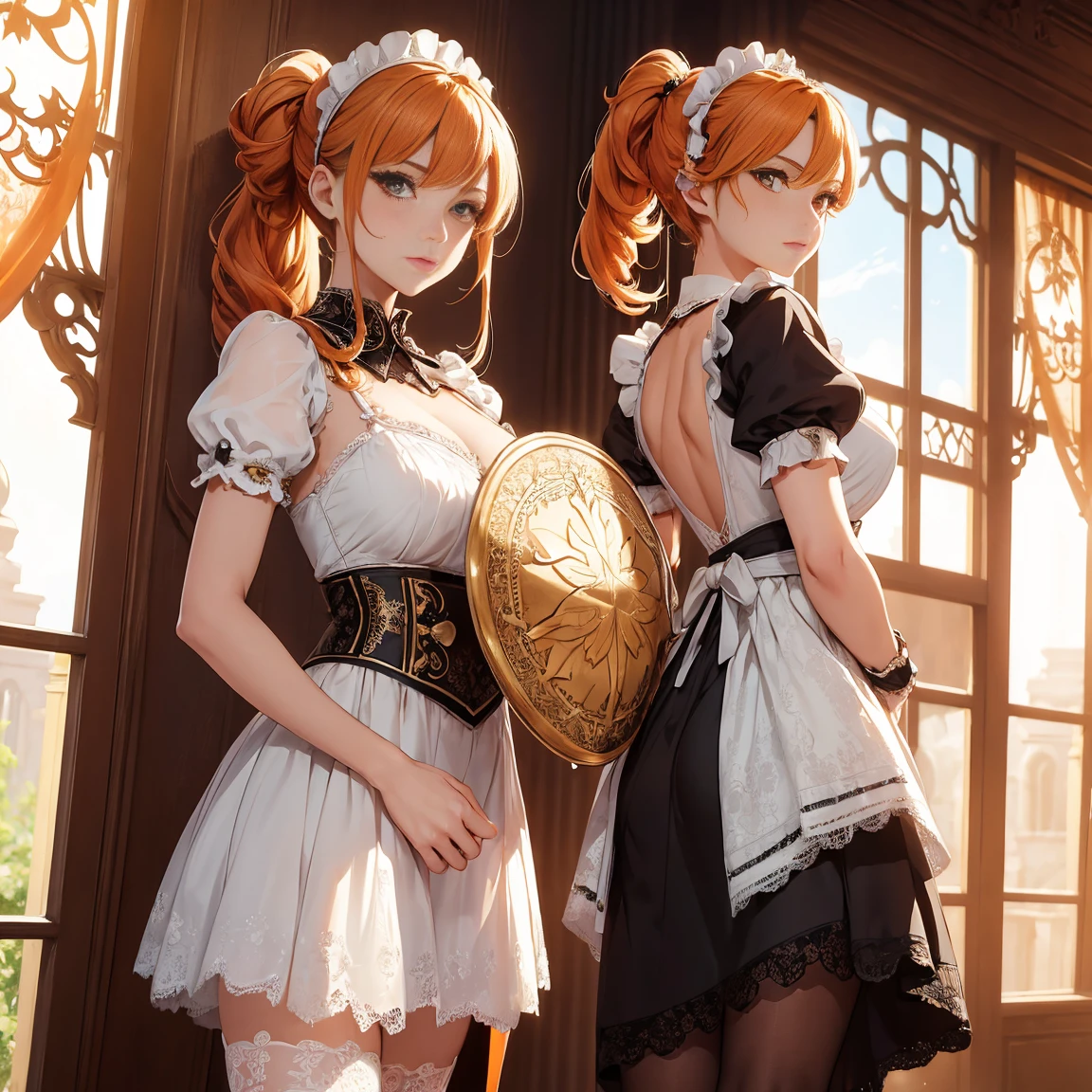 ((Masterpiece, Highest Quality)), Detailed Face, CharacterDesignSheet， full bodyesbian, Full of Details, multiple poss and expressions, Highly detailed, depth, many details，Beautiful maid，Holding the shield，Double Ponytail，fantasy style，Orange caramel，extremely beautiful，High balance, natural light, lace，lace tights，Sunny decor，Star Decoration